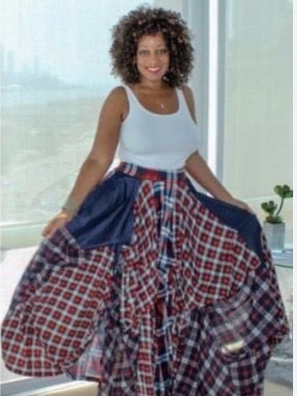 Boho Patchwork Red & Navy Plaid Maxi Skirt - Authentic Brand